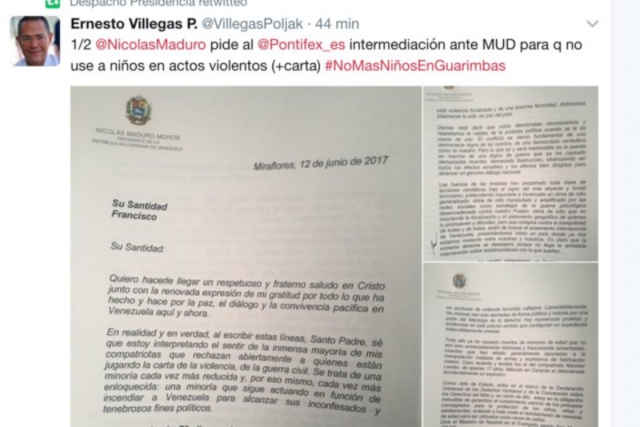 Venezuela: Maduro escribe al Papa pidiendo la mediación de la Iglesia con la oposición